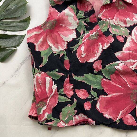 St Johns Bay Womens Vintage Y2k Wrap Crop Top Size L Black Pink Floral Tie Trim - Picture 4 of 9